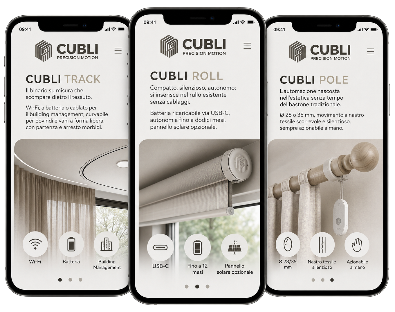 App Cubli: le schermate Track, Roll e Pole su tre smartphone
